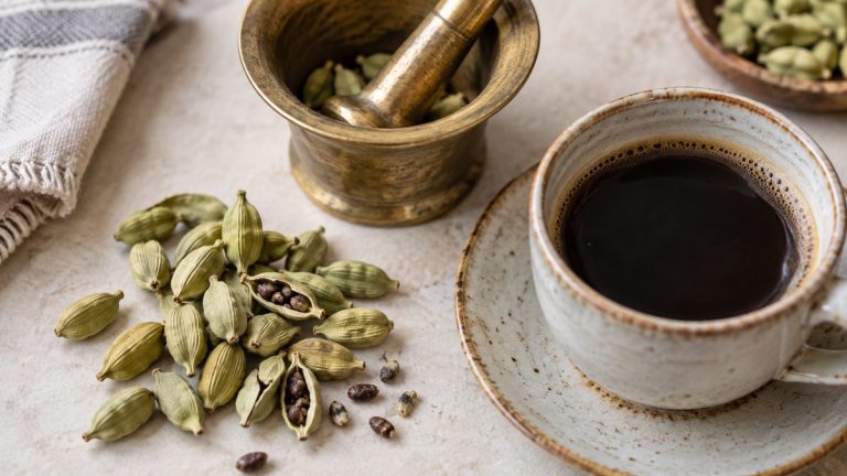 Păstăi verzi de cardamom, mojar de alamă și o ceașcă de cafea