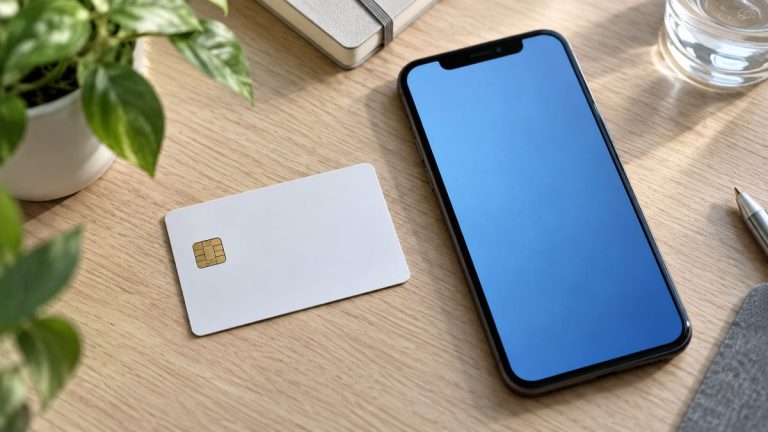 Card alb cu cip electronic și telefon mobil pe un birou de lemn