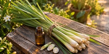 Tulpini de citronella legate în mănunchi și o sticluță de ulei esențial