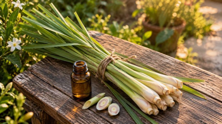 Tulpini de citronella legate în mănunchi și o sticluță de ulei esențial