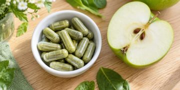 Capsule verzi de supliment într-un bol alb, lângă o jumătate de măr verde