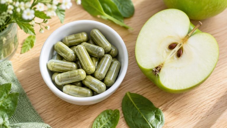 Capsule verzi de supliment într-un bol alb, lângă o jumătate de măr verde