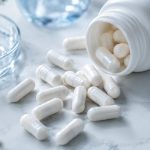 Capsule albe de supliment răsturnate dintr-un flacon alb