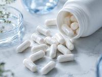 Capsule albe de supliment răsturnate dintr-un flacon alb
