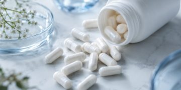 Capsule albe de supliment răsturnate dintr-un flacon alb