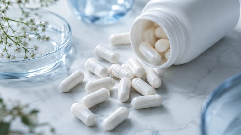 Capsule albe de supliment răsturnate dintr-un flacon alb