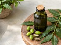 Sticlă cu ulei de neem, frunze și semințe de neem pe o tăviță de lemn