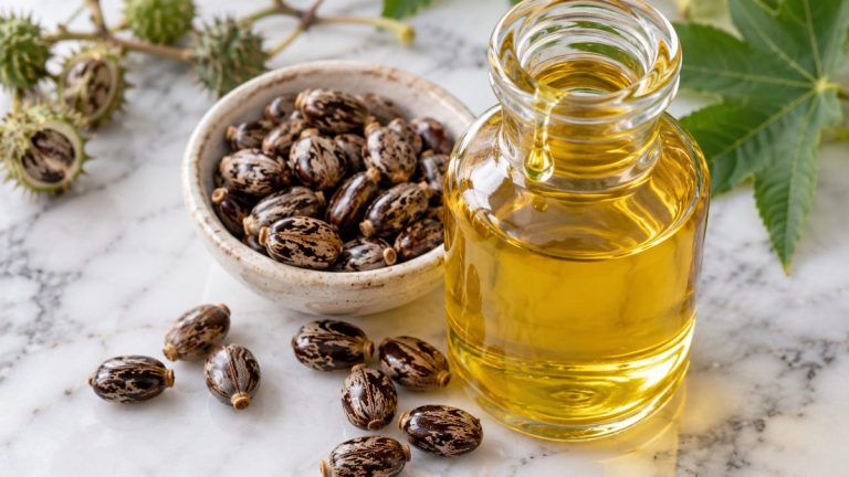 Sticlă cu ulei de ricin gălbui și semințe de ricin pe marmură